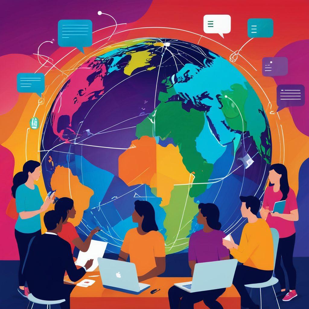 A vibrant illustration featuring diverse individuals engaging in conversation while standing around a large digital globe, symbolizing global connections in the blogosphere. Brightly colored lines of communication flow between them, depicting the sharing of ideas and stories. Include elements like laptops, notepads, and speech bubbles to signify blogging. The background should be an abstract blend of digital and organic shapes, reflecting creativity and interaction. colorful vector art. dynamic composition.