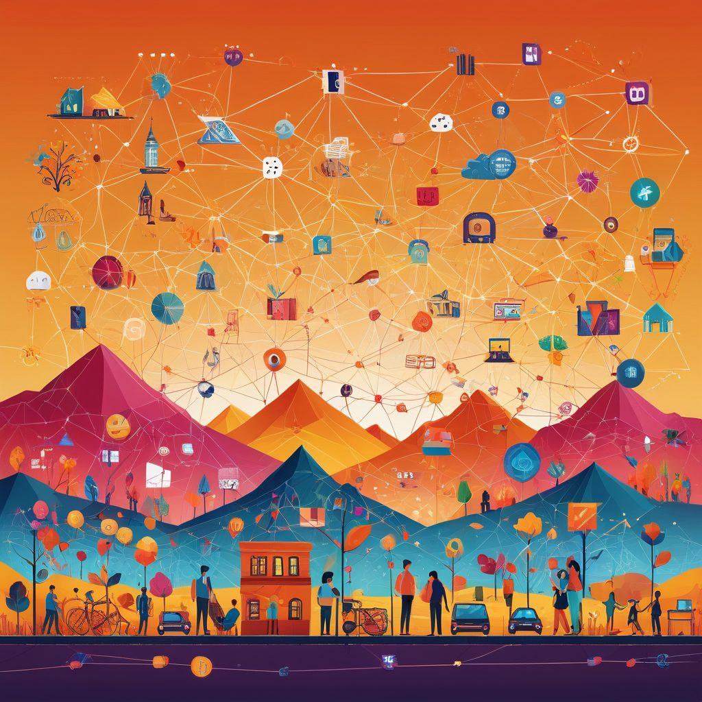 A vibrant digital landscape showcasing diverse online communities connected by colorful threads representing niche markets. Include illustrations of various interest groups engaging in discussions, exchanging ideas, and collaborating. Incorporate dynamic graphs showing growth and expansion visually, along with icons representing different hobbies and professions. Use a warm color palette to evoke a sense of community and inclusivity. flat design. vibrant colors. 3D.