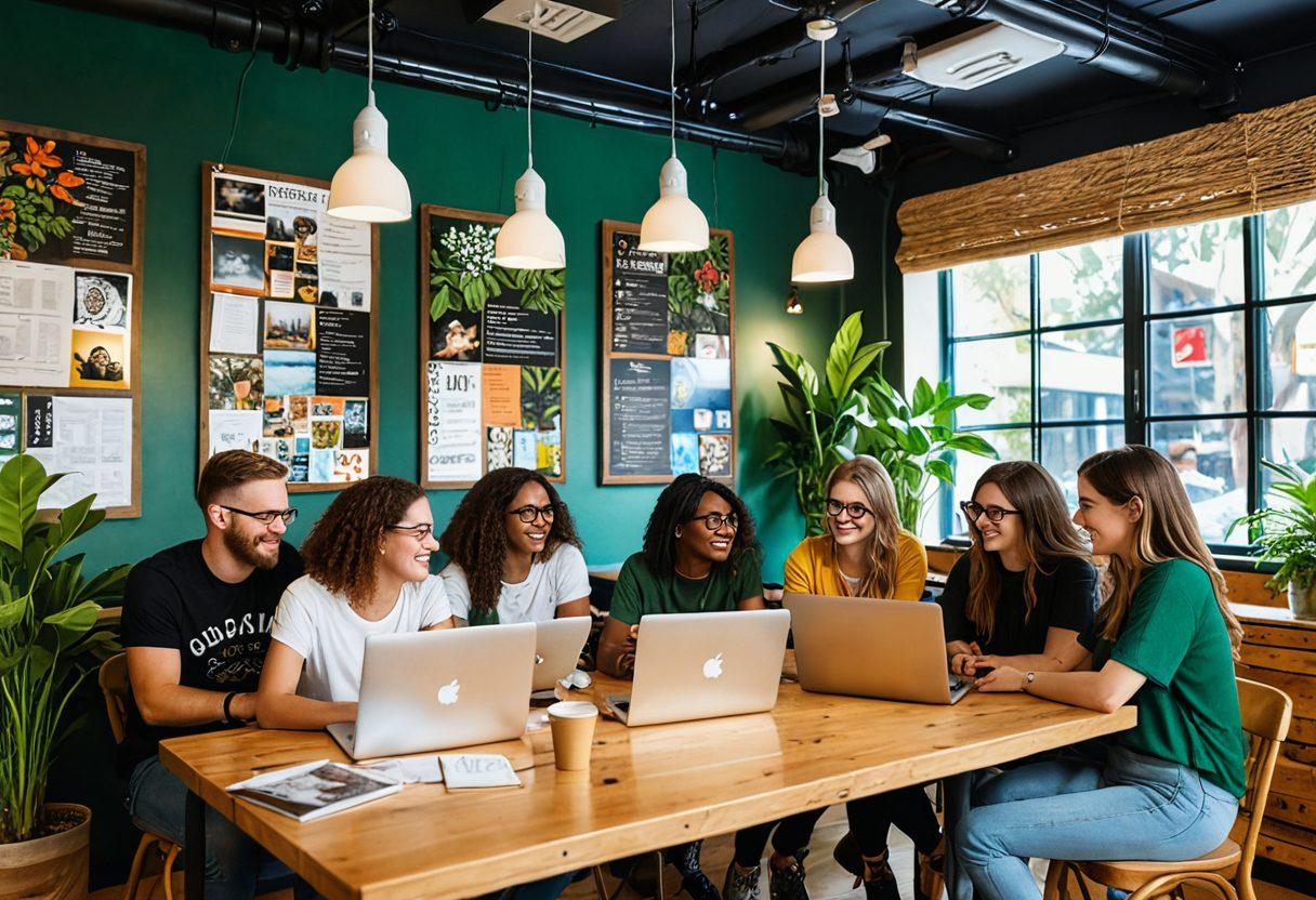 A dynamic scene of diverse people enthusiastically collaborating around laptops in a cozy, inviting coffee shop, surrounded by colorful posters about blogging. A vision board filled with keywords like 'community', 'content', and 'creativity' in the background. Lush plants and warm lighting create a vibrant atmosphere of connection and growth. super-realistic. vibrant colors. cozy ambiance.